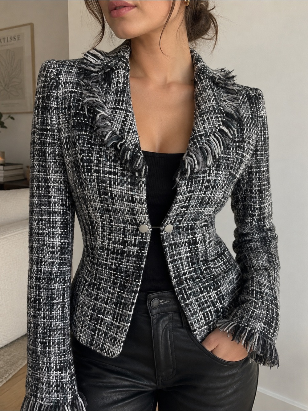Vintage 90s Claude Zana French Tweed Fringe Blazer FR 40 S/M Made in France